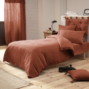 Pack Parure de couette 140x200 cm + Drap housse 90x190 + 1 taie Gaze de coton Bio Terracotta