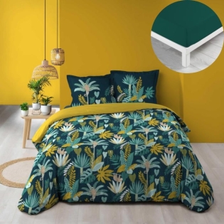 Pack parure de couette 260 x 240 cm Guinea vert + drap housse 160 x 200 x 30 cm Pétrole