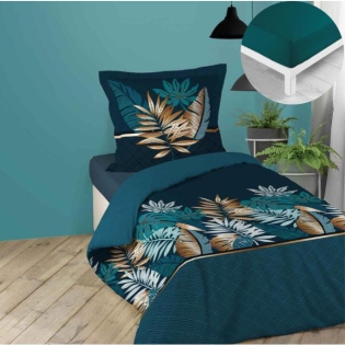 Pack parure de couette enfant 140x200 cm Alianor + drap housse 90x190 Pétrole