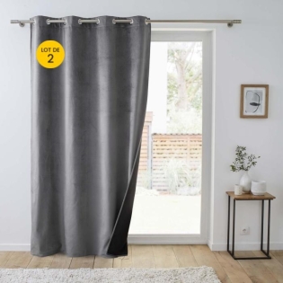 Lot de 2 Rideaux isolant thermique a oeillets 140 x 260 cm velours relief Polarchic Anthracite