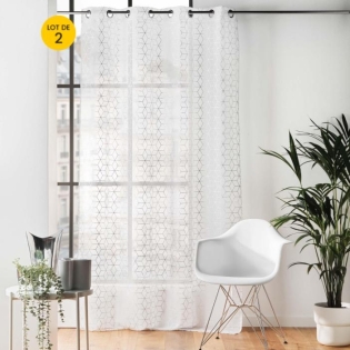 Lot de 2 Voilages a oeillets 140 x 240 cm sablés  imprimés metallisé Milona Argent