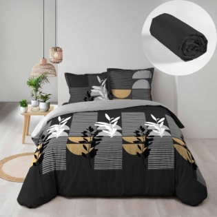 Pack parure de couette 240 x 220 cm Asior + drap housse 140 x 190 x 30 Noir