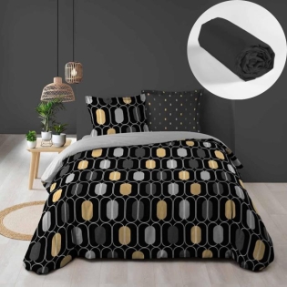 Pack housse de couette 220x240 cm Calidor + drap housse 140x190x30 Noir