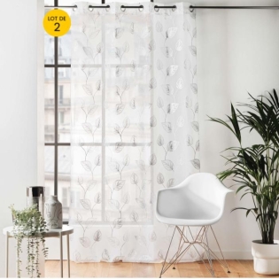 Lot de 2 Voilages a oeillets 140 x 240 cm voile sablé  imprimé metallisé Edelia Argent