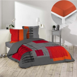 Pack housse de couette 220x240 cm Quadro + drap housse 140x190x30 Paprika