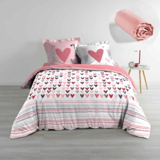 Pack parure de couette 200 x 200 cm Lolove + drap housse 140 x 190 x 30 Rose