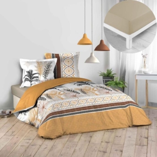 Pack parure de couette 240 x 220 cm Calvinia + drap housse 140 x 190 cm Beige
