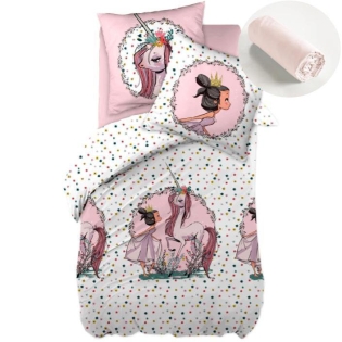 Pack housse de couette 140x200 cm Pégase + drap housse 90x190 Rose