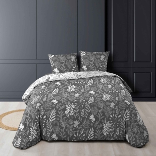 Housse de couette réversible 260 x 240 cm 100% coton + 2 taies Suzanne Anthracite