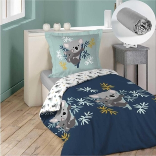 Pack parure de couette enfant 140x200 cm Koala + drap housse 90x190 Gris