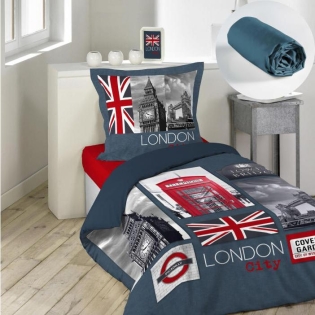 Pack parure de couette enfant 140x200 cm London + drap housse 90x190 Bleu