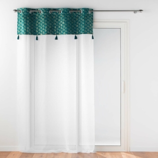 Voilage grande hauteur 140 x 280 cm voile sablé + haut velours Evie Bleu