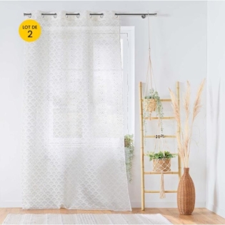 Lot de 2 Voilages art déco a oeillets 140 x 240 cm metallisé Lorea Naturel