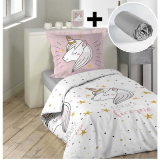 Pack parure de couette 140x200 cm Lilirose + drap housse 90x190 Gris