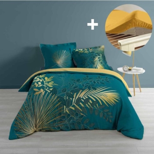 Pack parure de couette 260x240 cm Strassy bleu + drap housse 160x200 Jaune