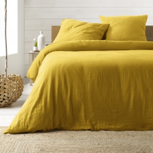 Parure de lit 260 x 240 cm double gaze coton uni 57 fils Angelia Jaune