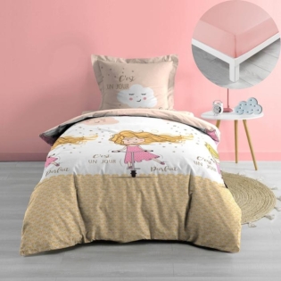Pack parure de couette enfant Trotti 140 x 200 cm + drap housse 90 x 190 x 30 Rose