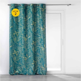 Lot de 2  Rideaux tamisant à oeillets  140 x 260 cm Imprimé métalillisé Belflor Emeraude/Or
