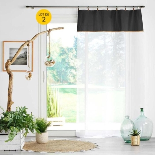 Lot de 2 Voilages à anneau 140 x 240 cm en polycoton sablé + jute Leana Noir