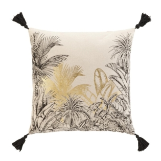 Coussin dehous. compr. pompons 45x45 cm coton/polyester imp. metal. papaya des p Sans