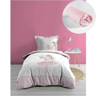 Pack parure de couette enfant 140x200 cm Pte étoile + drap housse 90x190 Rose