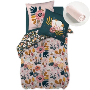 Pack housse de couette 140x200 cm Champetre + drap housse 90x190 Rose