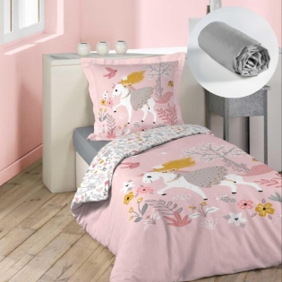 Pack parure de couette enfant 140x200 cm Fée des bois + drap housse 90x190 Gris