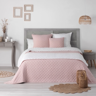 Pack Couvre lit 220x240 cm + 2 housses coussin 60x60 Mellow chic Rose/blanc