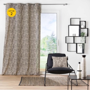Lot de 2 Rideaux a oeillets 140 x 240 cm polycoton imprimé Pandore Noir