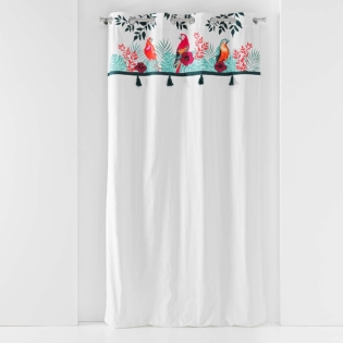 Rideau a oeillets 140 x 240 cm coton uni + +pompons Caracas Blanc