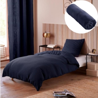 Pack Housse de couette 140 x 200 cm Gaze de coton + drap housse 90x190 Bleu