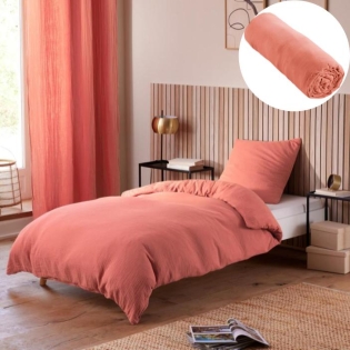 Pack Housse de couette 140 x 200 cm Gaze de coton + drap housse 90x190 Rose