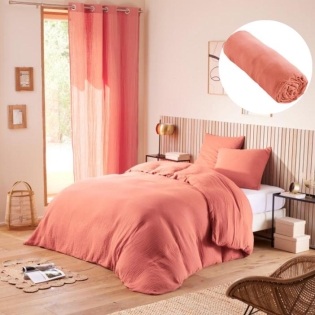 Pack Housse de couette 240 x 220 cm Gaze de coton + drap housse 140x190 Rose