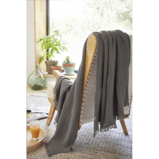 Plaid à franges en gaze de coton 180 x 220 cm Gaia Athracite