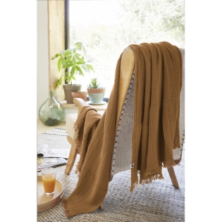 Plaid à franges en gaze de coton 130 x 160 cm Gaia Camel