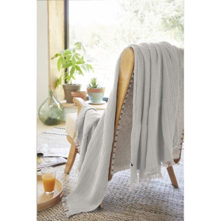 Plaid à franges en gaze de coton 180 x 220 cm Gaia Gris