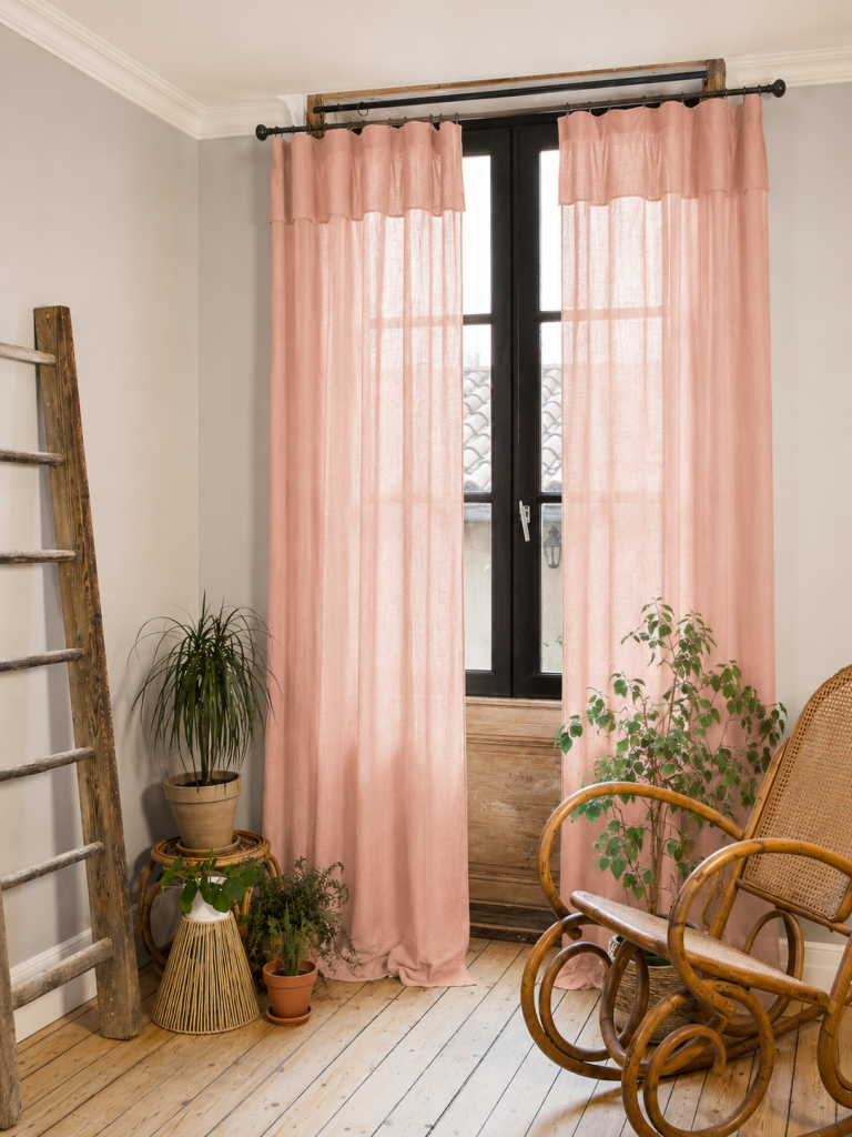 Lot de 2 Rideaux Gaze de Coton Pêche 140x300 cm Ajustables – 8 Anneaux Pinces Inclus – Rideaux Tamisants Haut de Gamme