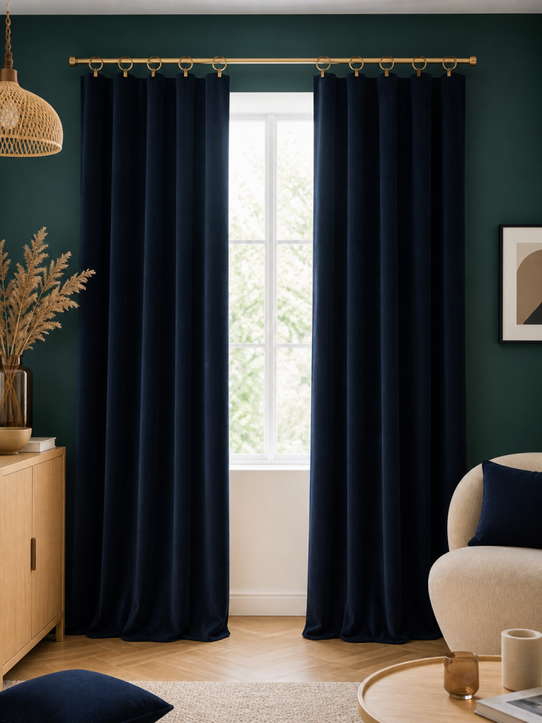 Lot de 2 rideaux velours minuit 140 x 270 cm ajustables – Anneaux pince – Coton épais – CÉSAR