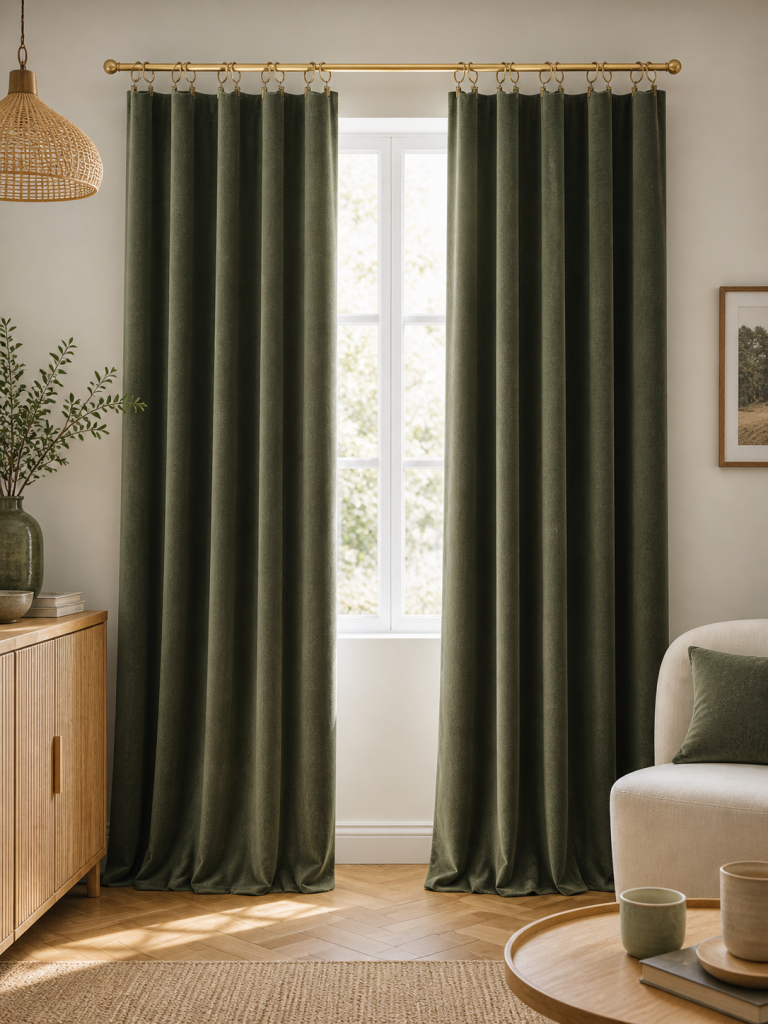Lot de 2 rideaux velours thym 140 x 270 cm ajustables – Anneaux pince – Coton épais – CÉSAR