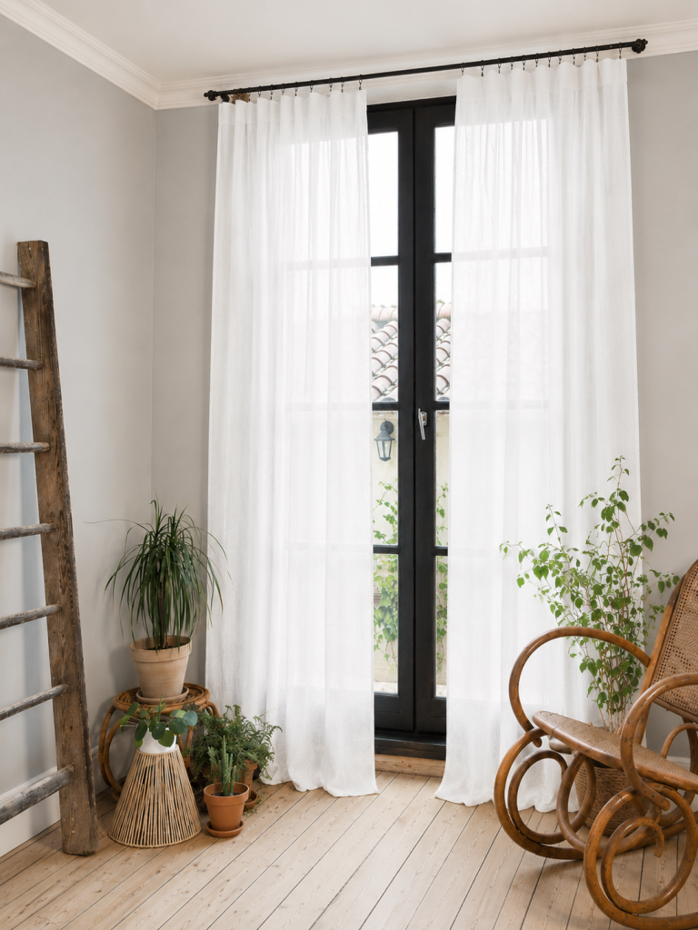 Lot de 2 Rideaux Gaze de Coton Blanc 140x300 cm Ajustables – 8 Anneaux Pinces Inclus – Rideaux Tamisants Haut de Gamme