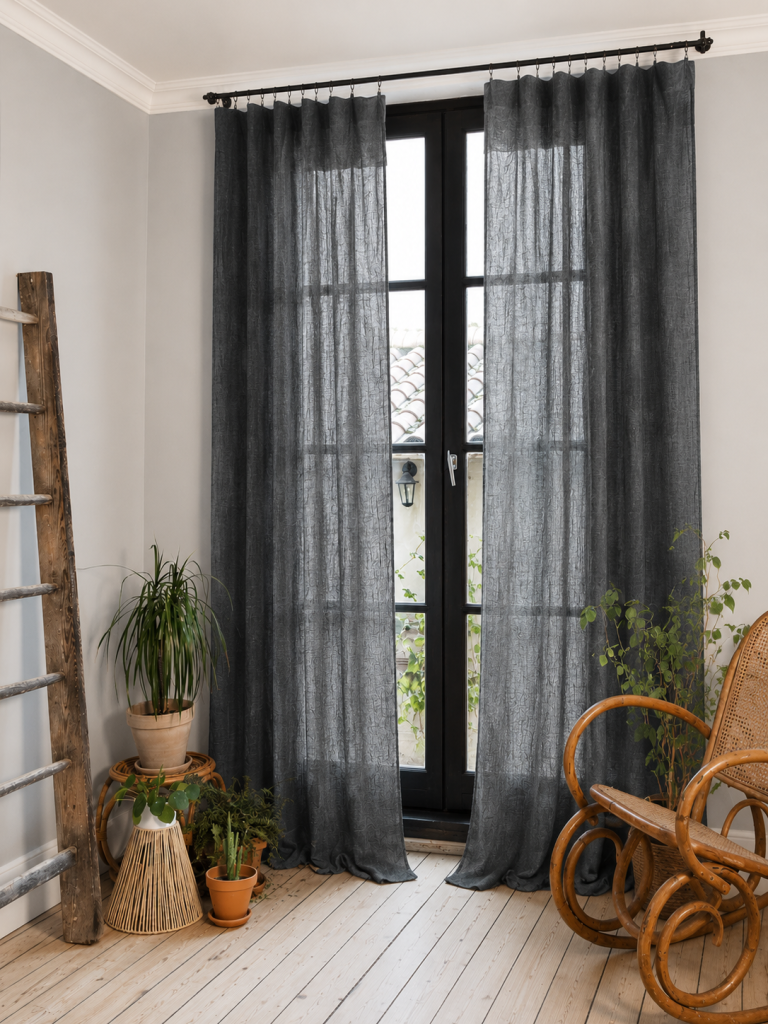 Lot de 2 Rideaux Gaze de Coton Granit 140x300 cm Ajustables – 8 Anneaux Pinces Inclus – Rideaux Tamisants Haut de Gamme
