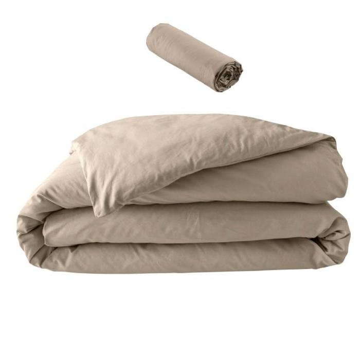 Pack Parure de Lit Percale Unie 78 Fils – Sable – 240 x 220 cm + Drap-Housse 140 x 190 cm