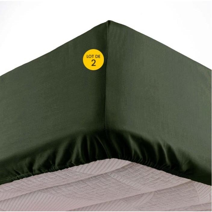 Lot de 2 Draps housse bonnet 30 cm 2 personnes 140 x 190 cm microfibre Oscar Kaki