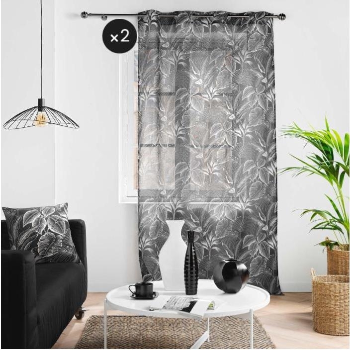 Lot de 2 Voilages a oeillets 140 x 240 cm voile sablé imprimé Cabana Noir