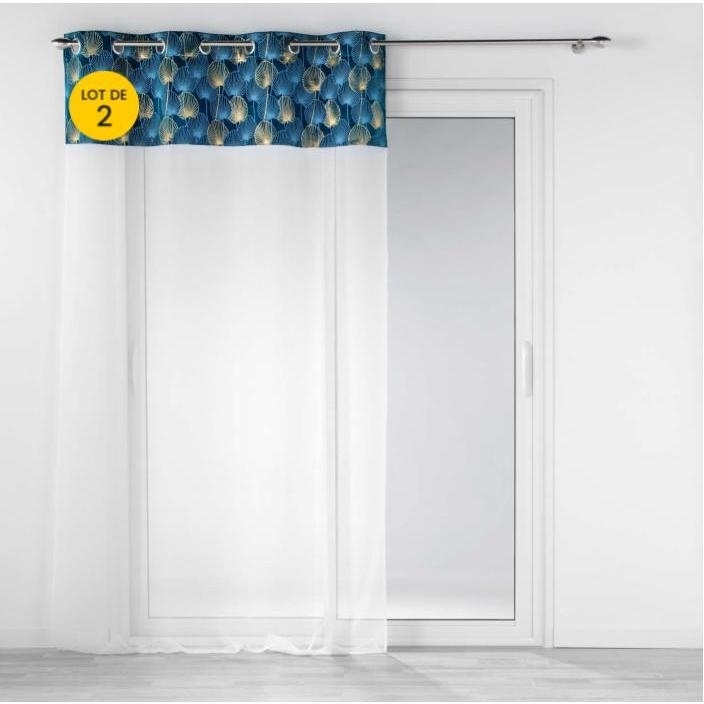 Lot de 2 Voilages 140 x 240 cm voile sablé + haut velours Clairine Bleu
