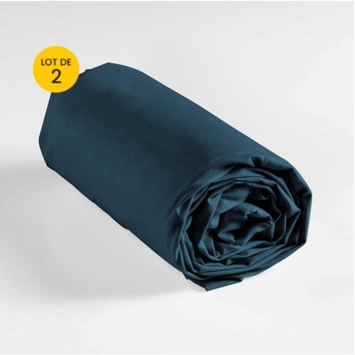 Lot de 2 draps housse king size 180 x 200 cm coton 57 fils Bleu nuit