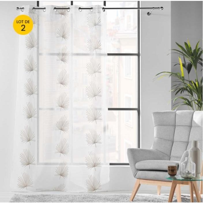 Lot de 2 Voilages a oeillets 140 x 240 cm voile sablé brodé Palmaris Beige