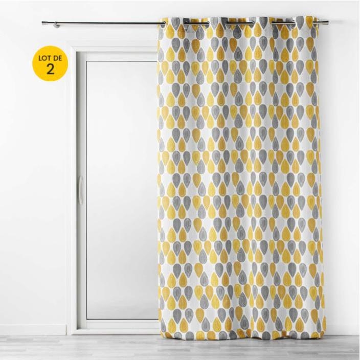 Lot de 2 Rideaux Tamisants à Œillets 140 x 260 cm – Polyester Imprimé Palpito Jaune/Blanc