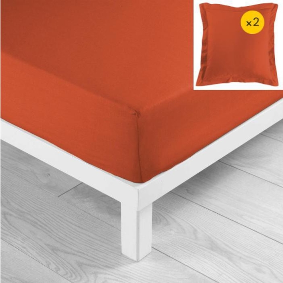 Pack drap housse 160x200 cm + 2 taies 63x63 coton 57 fils Paprika