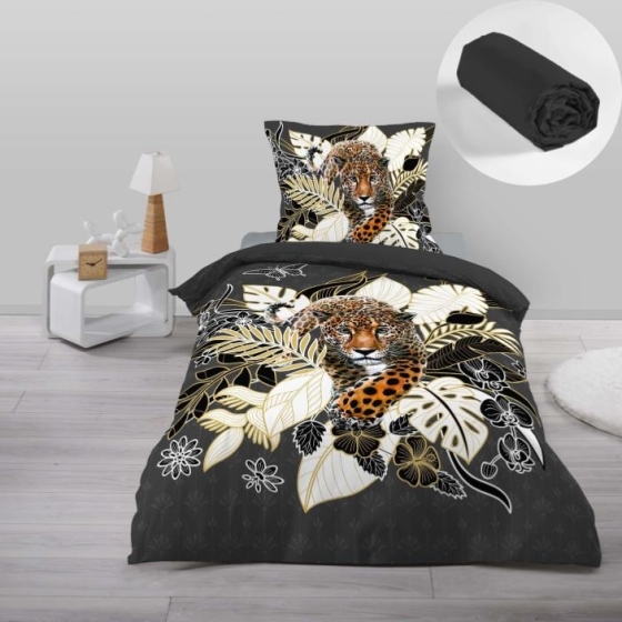 Pack parure de couette enfant  Félina 140 x 200 cm + drap housse 90 x 190 x 30 Noir